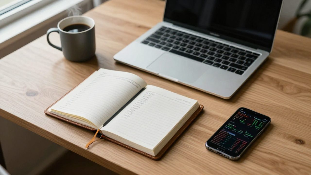 Escritorio de madera con un ordenador, un planificador, un teléfono con gráficos financieros y café.