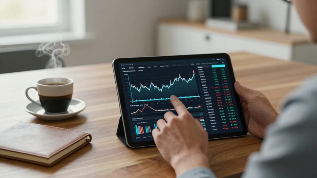 Manos consultando gráficos financieros en una tableta digital sobre un escritorio de madera.