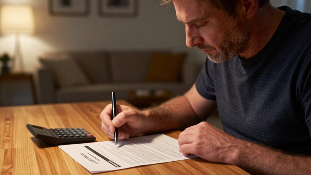 Hombre de mediana edad revisando con atención una póliza de seguros y una calculadora en su mesa.