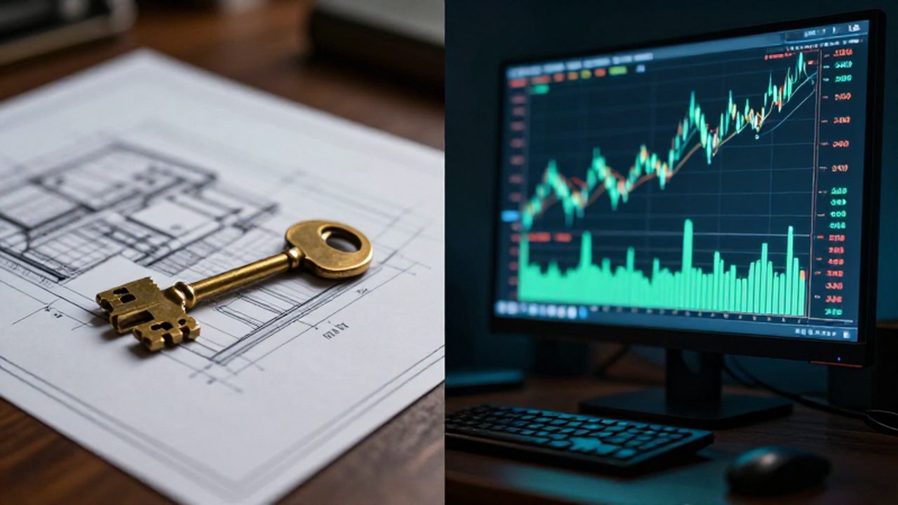 Comparación entre un plano arquitectónico con una llave de latón y la gráfica financiera de un monitor tecnológico.