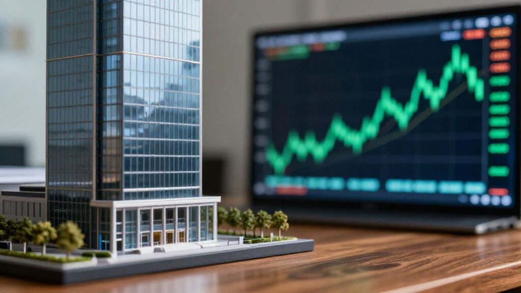 Maqueta de un edificio moderno junto a un gráfico digital de la bolsa en un escritorio.