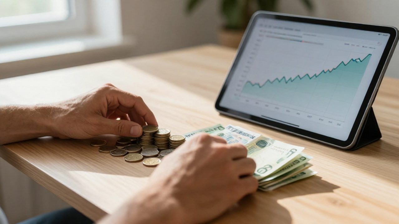 Manos organizando monedas y billetes junto a una tableta con un gráfico de crecimiento financiero.