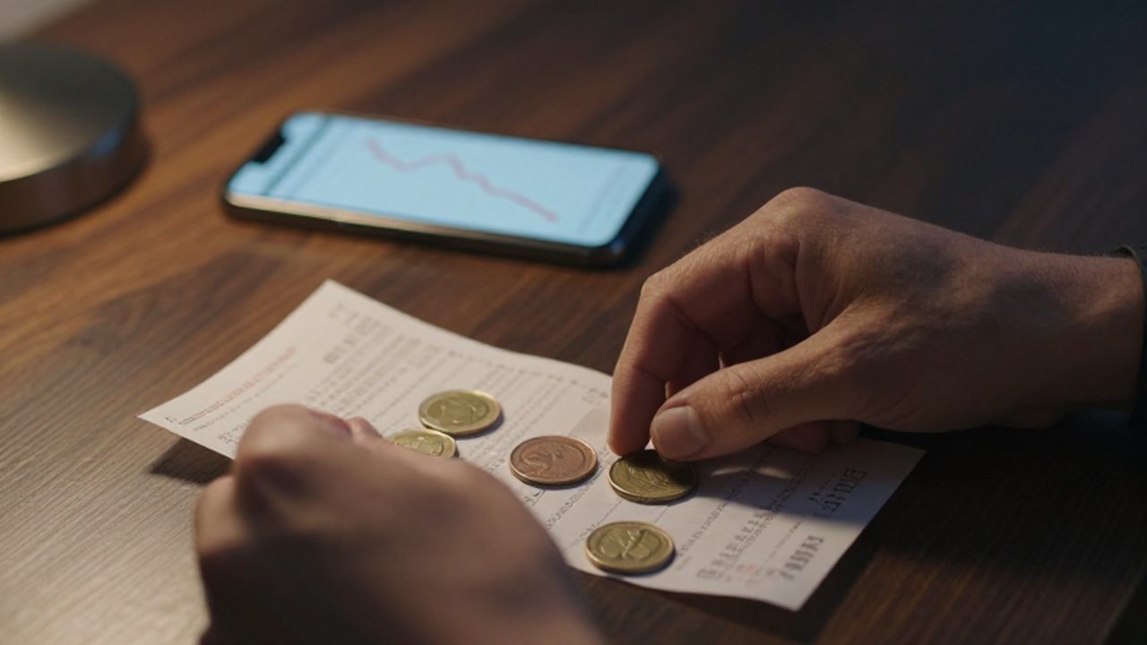 Manos organizando monedas y un recibo sobre un escritorio frente a un gráfico financiero descendente.