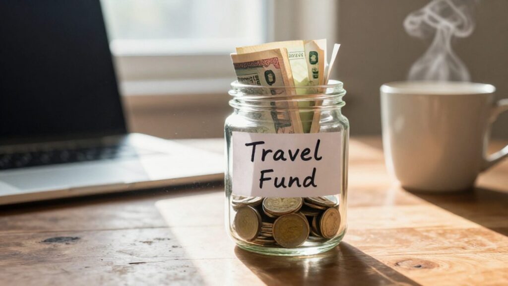 Frasco de vidrio con monedas y billetes sobre un escritorio con una nota que dice Fondo de Viaje.