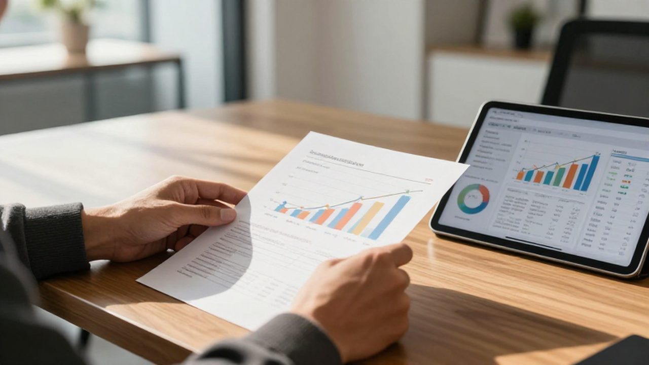 Manos revisando un documento financiero junto a una tableta con gráficos en un escritorio.