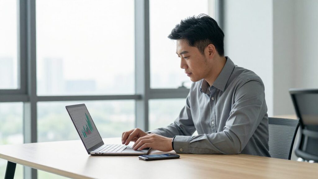 Hombre de mediana edad revisando gráficos financieros en una laptop dentro de una oficina luminosa.