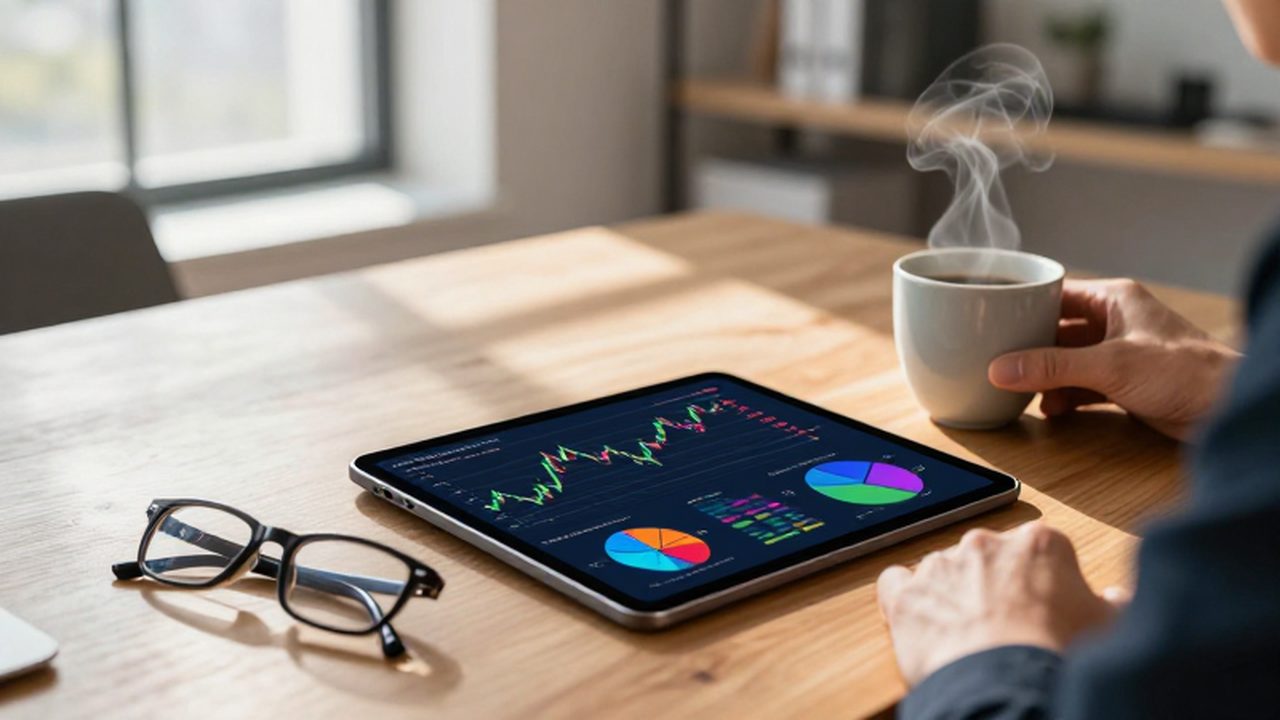 Tableta con gráficas financieras sobre un escritorio de madera junto a unas gafas y un café.