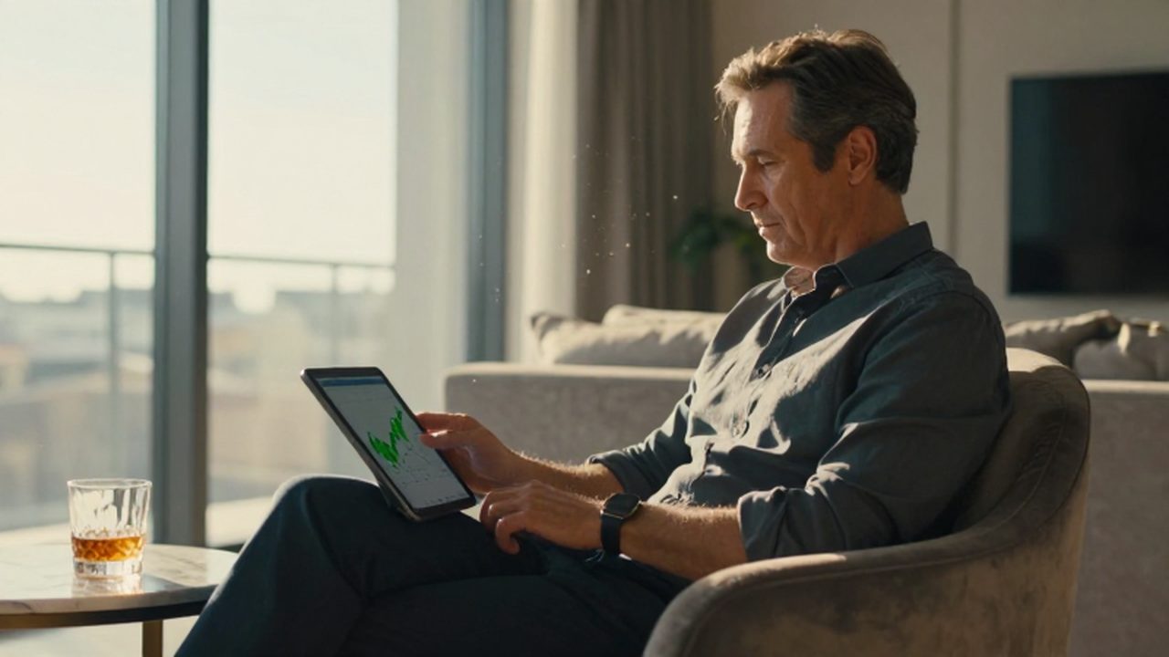 Hombre sentado en un sillón de terciopelo mirando una gráfica ascendente en una tableta.