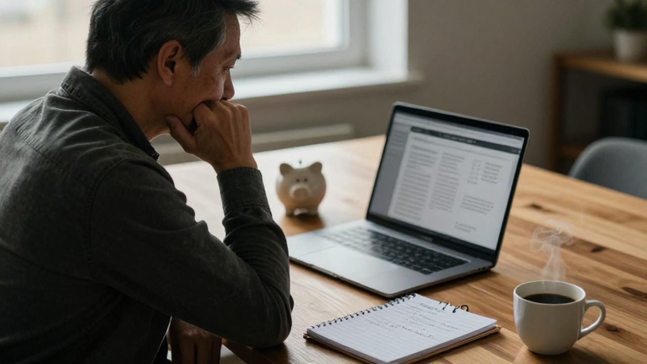 Persona de mediana edad reflexionando frente a un ordenador y un planificador financiero con café.