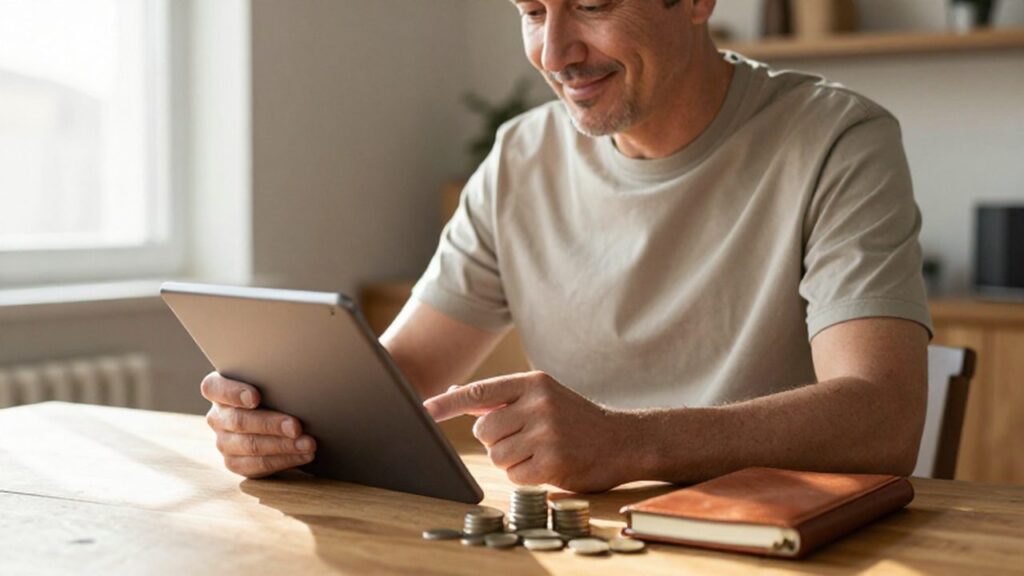 Hombre de mediana edad sonriendo mientras observa una tableta junto a monedas y una libreta.