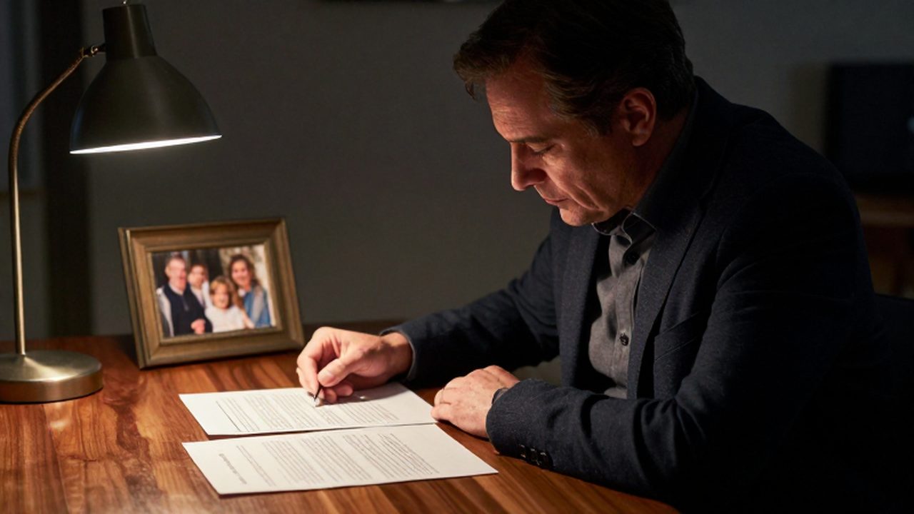 Hombre de mediana edad concentrado revisando documentos legales sobre un escritorio en un estudio iluminado.