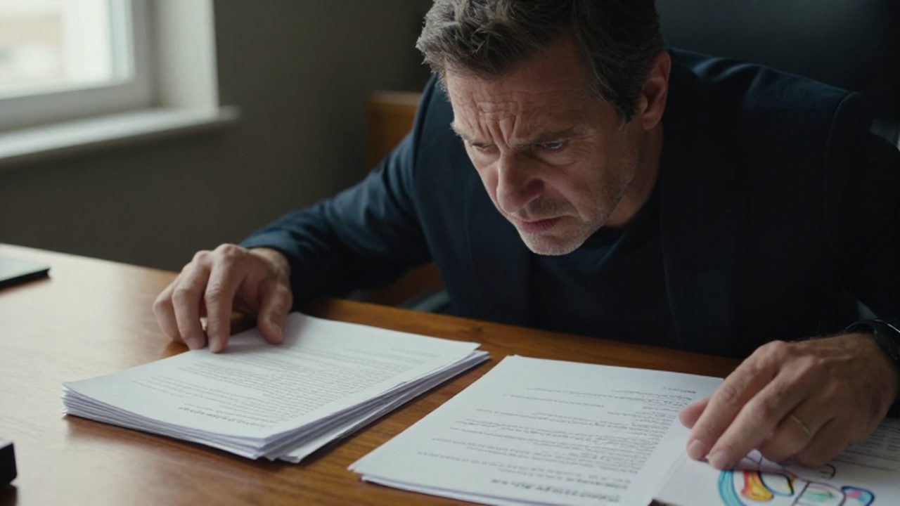 Hombre con expresión preocupada frente a documentos legales y un dibujo infantil sobre su escritorio.