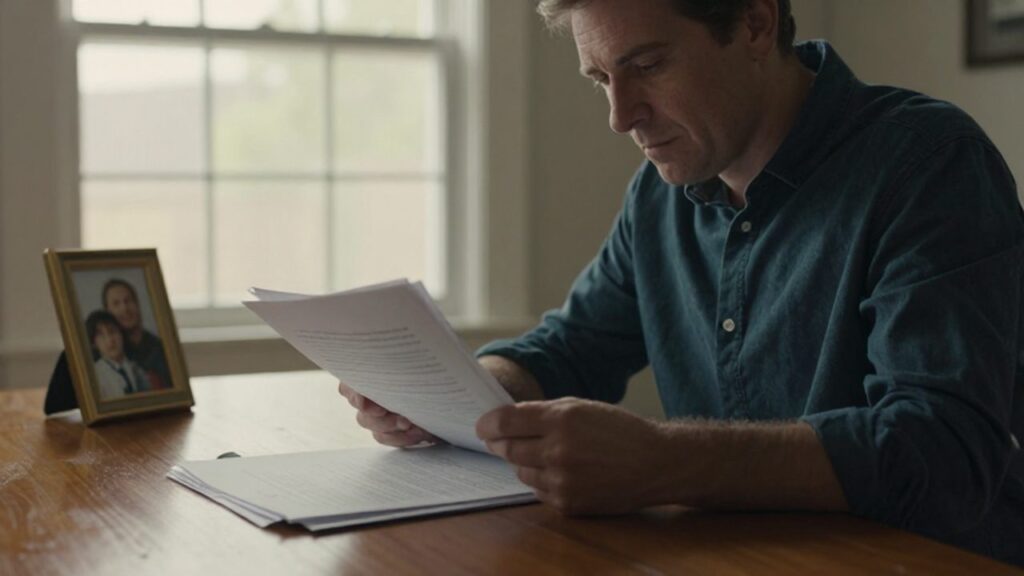 Hombre de mediana edad revisando documentos legales junto a una fotografía familiar en su escritorio.