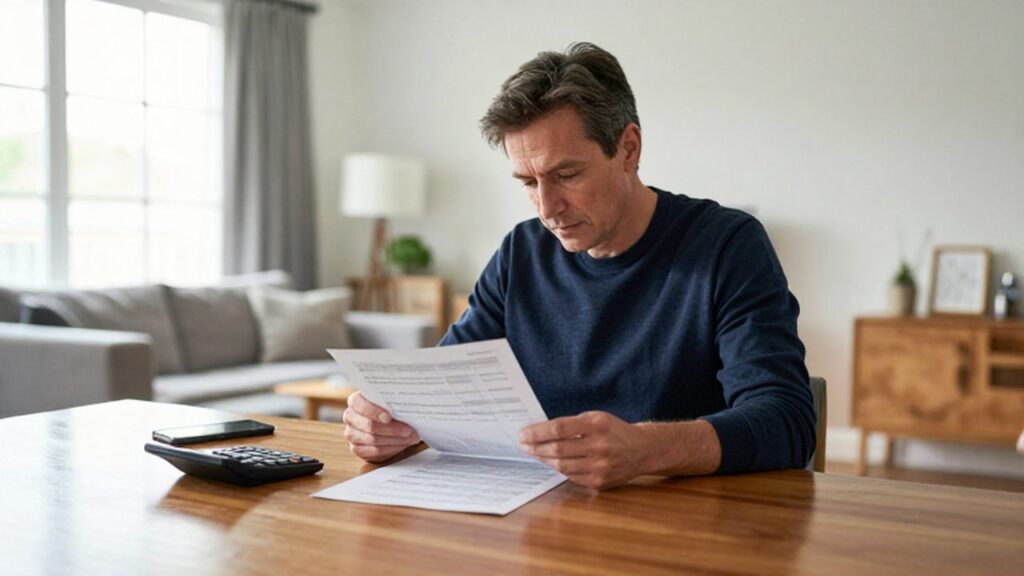 Persona de mediana edad revisando documentos financieros y usando una calculadora en un escritorio iluminado.