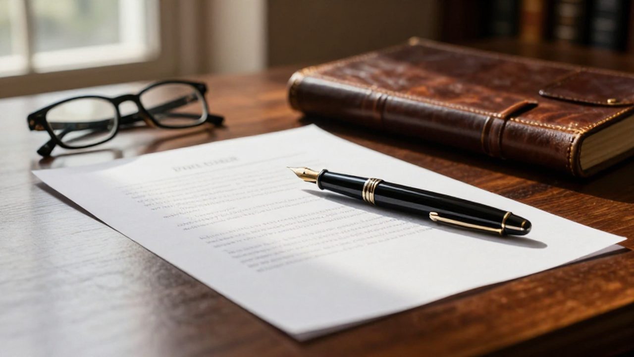 Pluma estilográfica sobre un documento legal junto a unas gafas y una carpeta de cuero.
