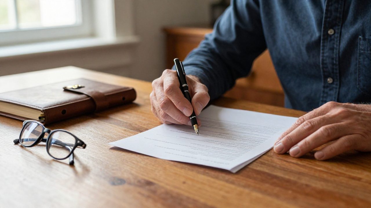 Persona de mediana edad sentada en un escritorio de madera junto a documentos legales y una pluma.
