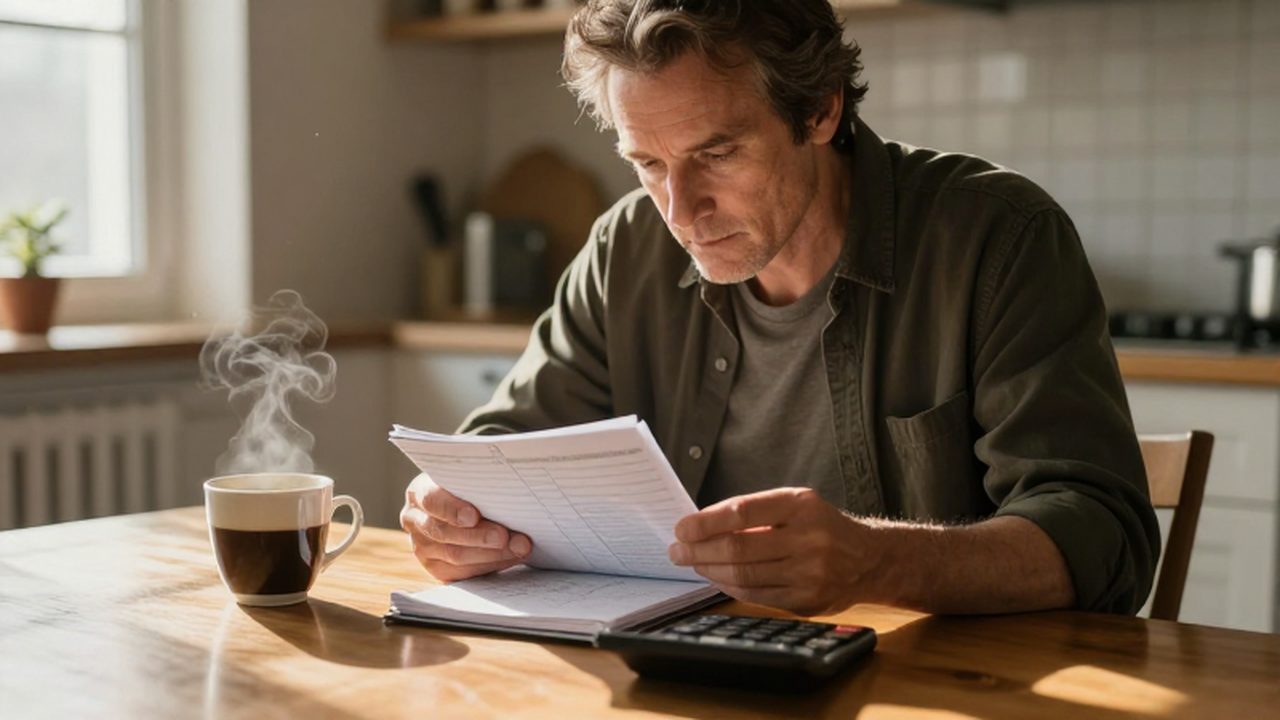 Persona de mediana edad revisando con atención un presupuesto escrito junto a una calculadora y café.