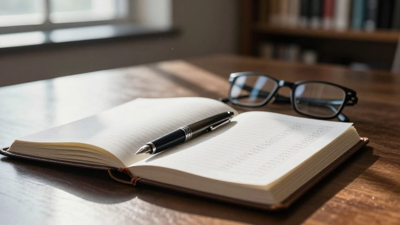 Libro contable de cuero abierto sobre un escritorio de madera con una pluma y gafas.