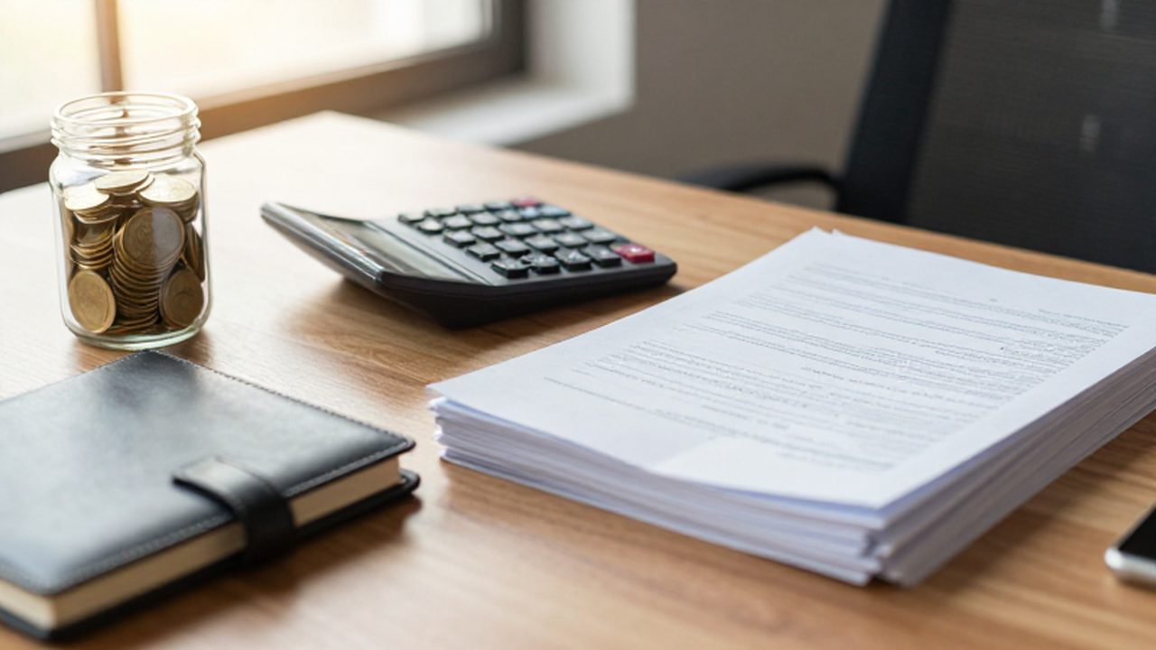 Escritorio profesional con documentos financieros, una calculadora y un frasco de cristal lleno de monedas de oro.