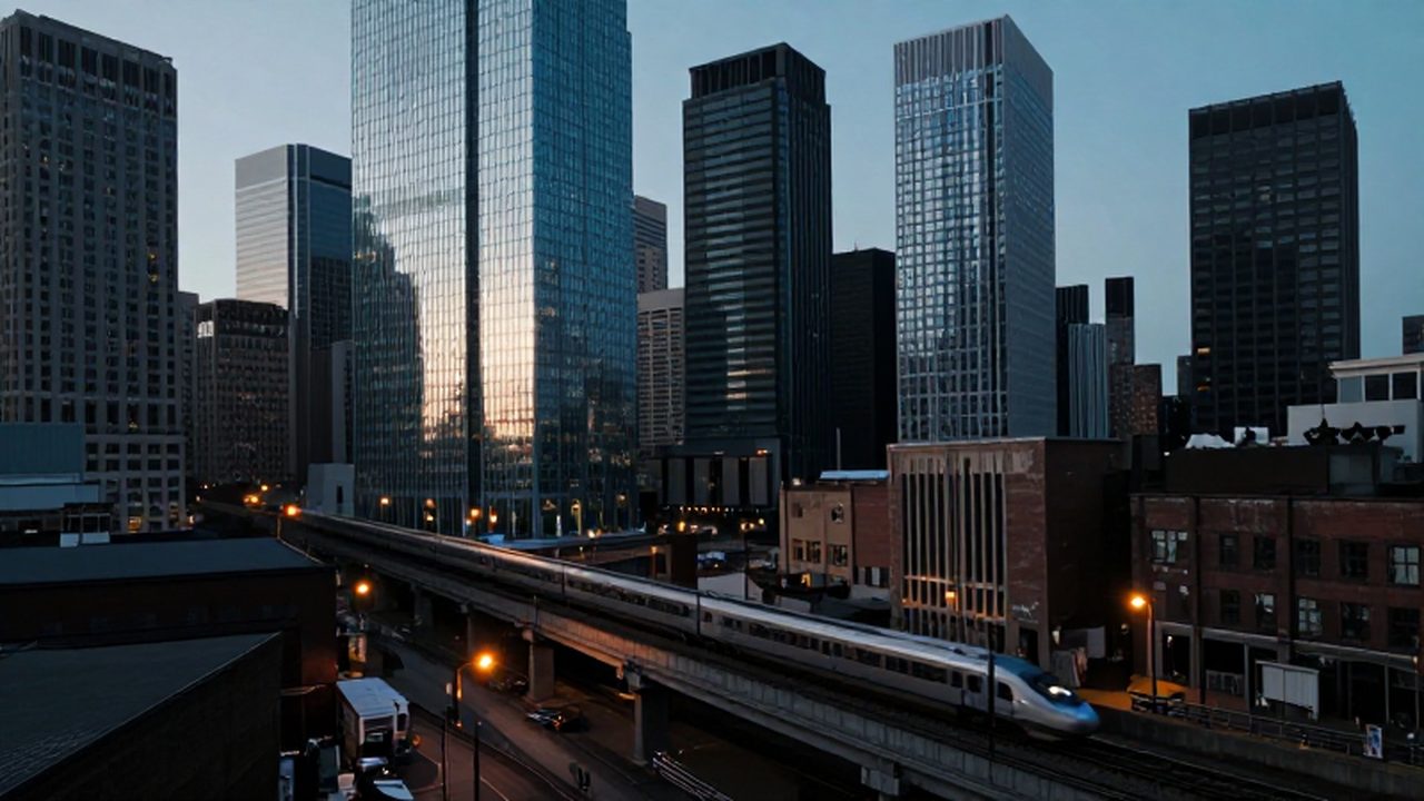 Un tren de alta velocidad atraviesa una ciudad dividida entre rascacielos modernos y zonas industriales sombrías.