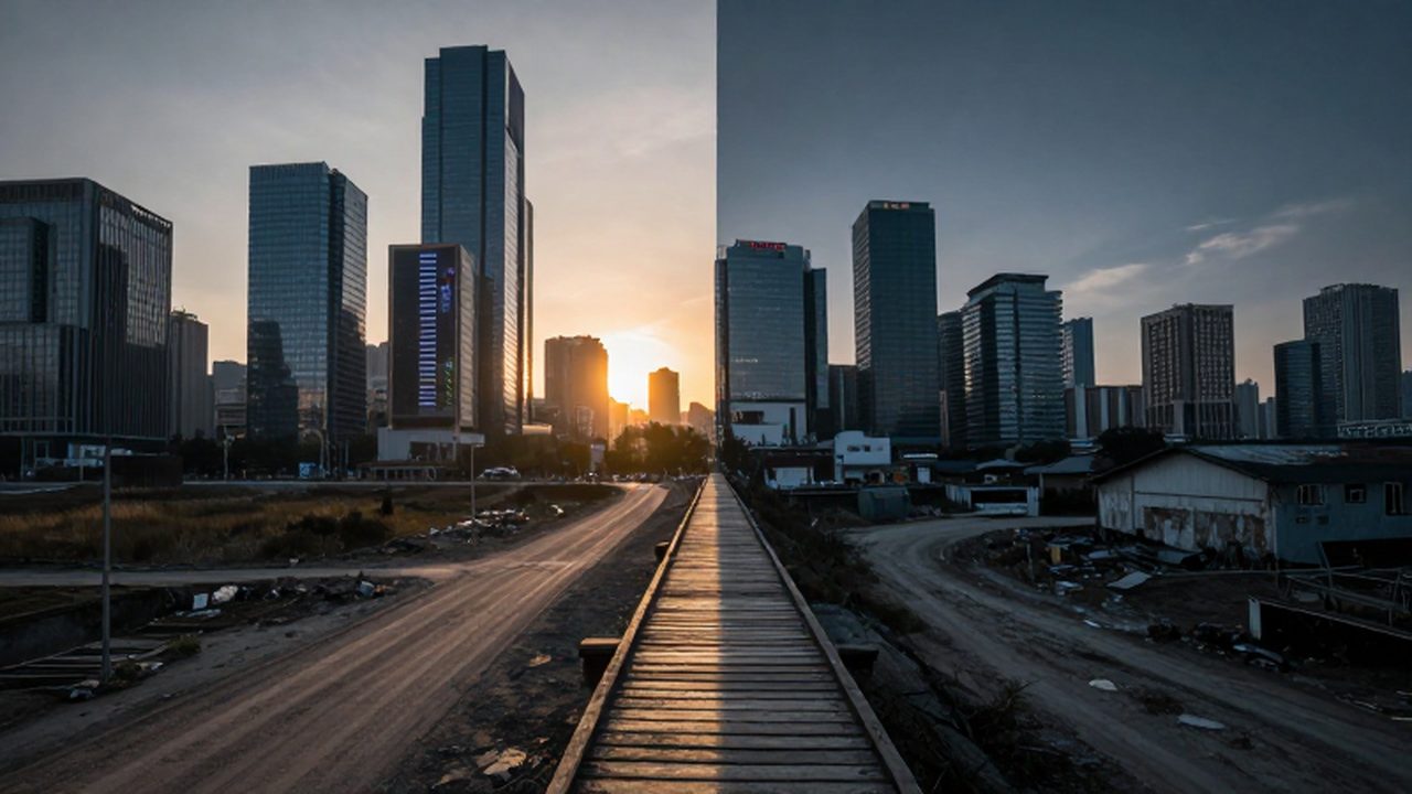 Un puente de madera conecta un distrito financiero moderno con un paisaje rural desgastado bajo el atardecer.