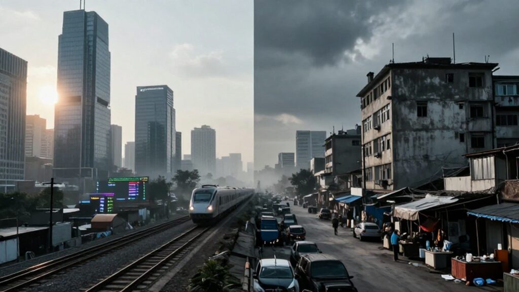 Pantalla dividida que muestra una ciudad futurista tecnológica frente a un barrio pobre y concurrido.