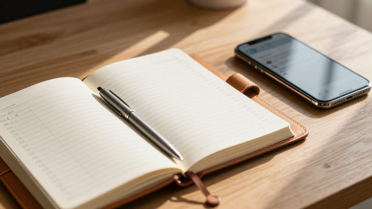 Cuaderno con anotaciones financieras sobre un escritorio de madera junto a un smartphone.