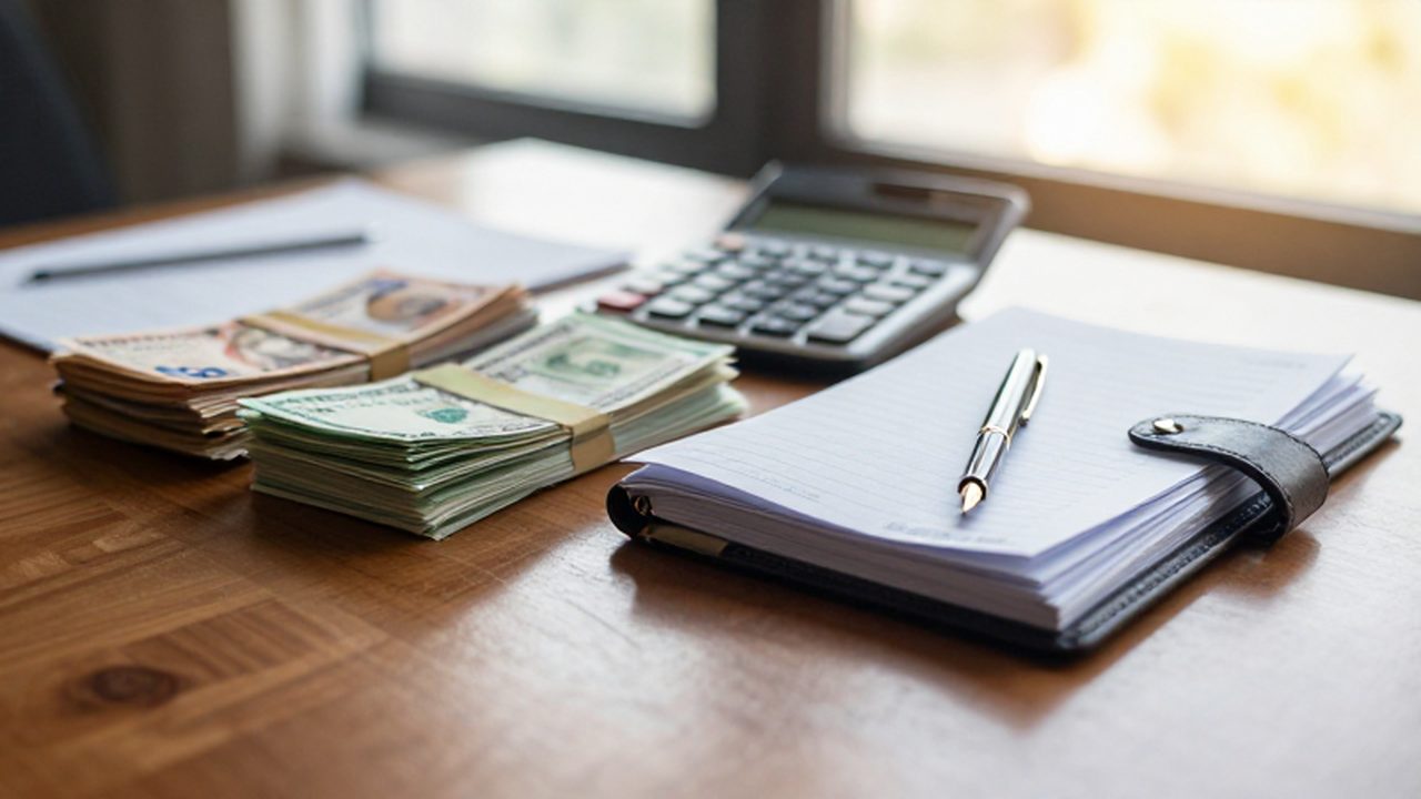 Escritorio de madera con billetes, documentos de ahorro, una calculadora y una pluma estilográfica.