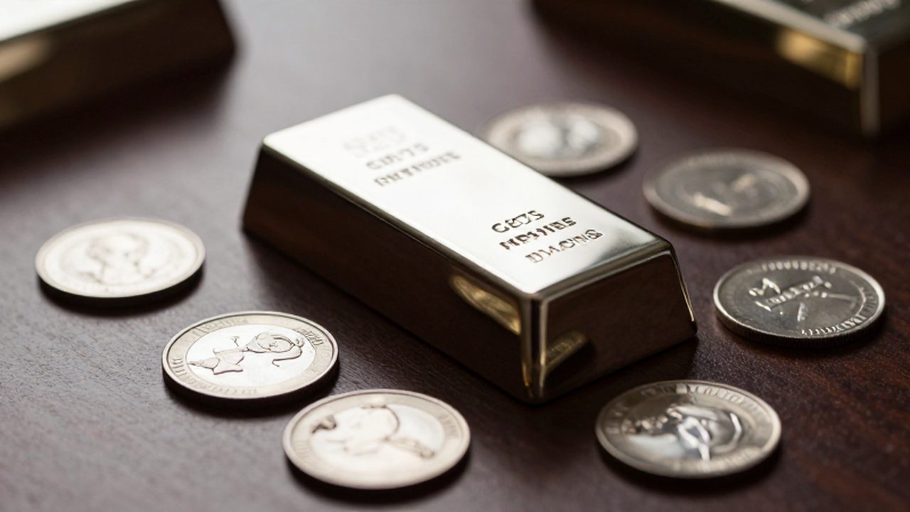 Lingotes de plata brillante y monedas dispersas sobre un escritorio de madera de caoba oscura.