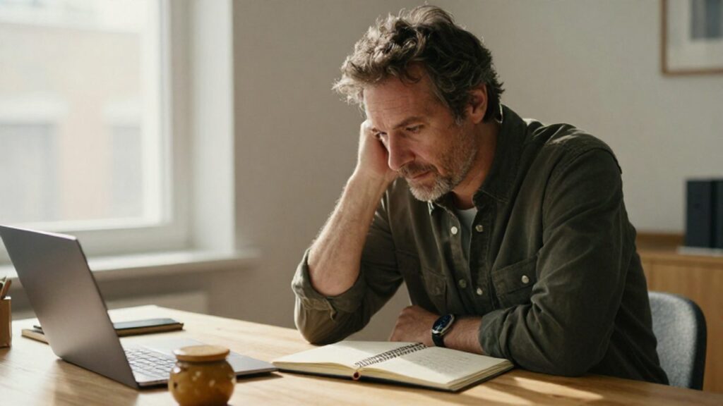 Hombre reflexivo sentado ante un escritorio con un cuaderno