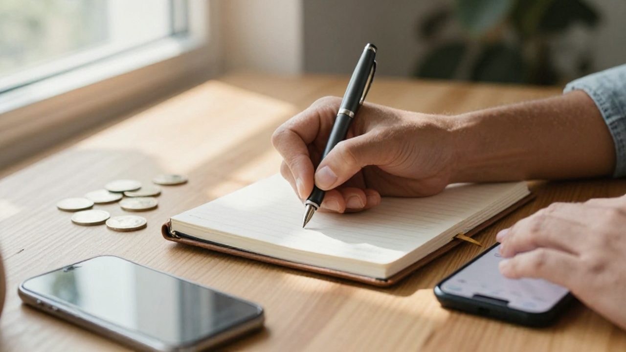 Manos escribiendo en un cuaderno de cuero junto a un móvil con una aplicación de presupuesto.