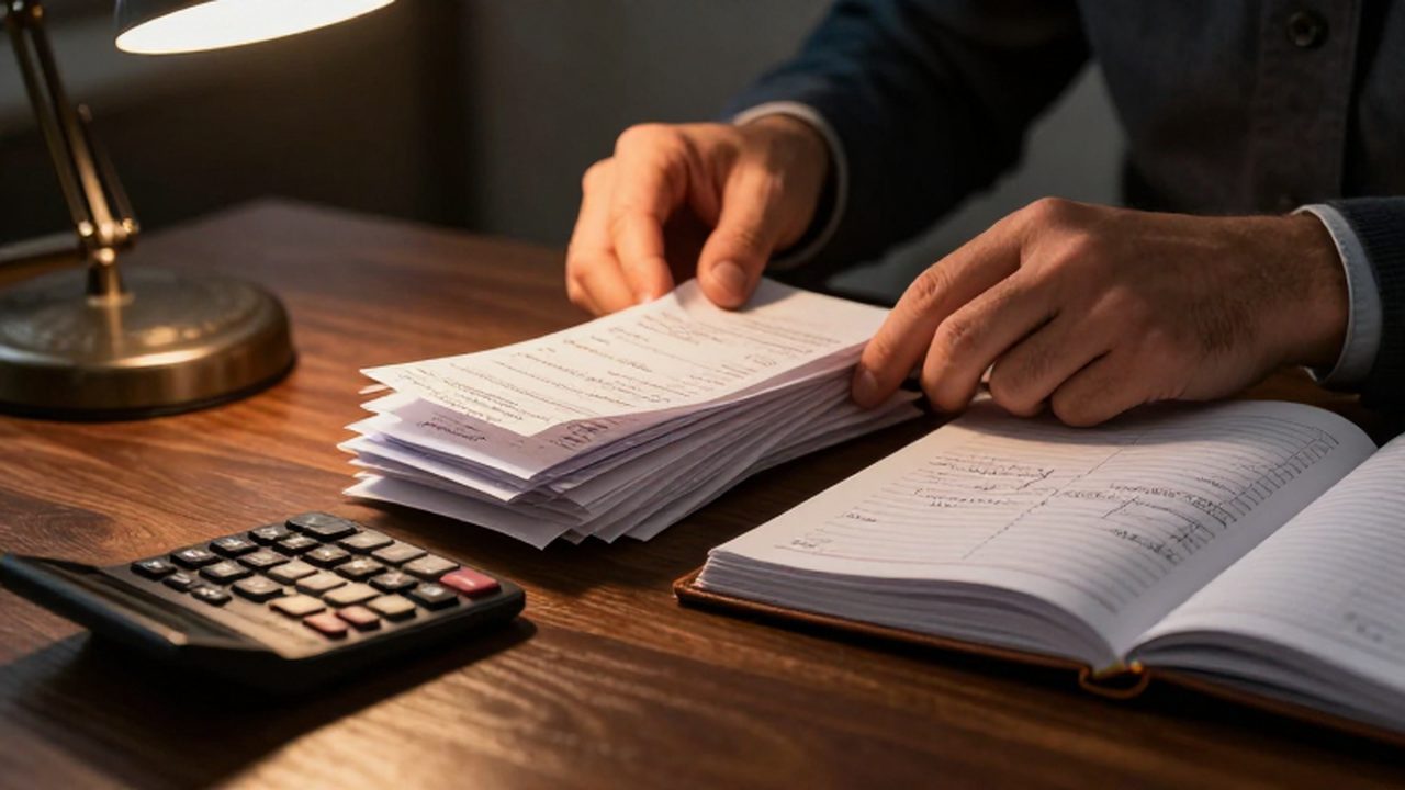 Manos organizando recibos y notas sobre un cuaderno contable y una calculadora en un escritorio.