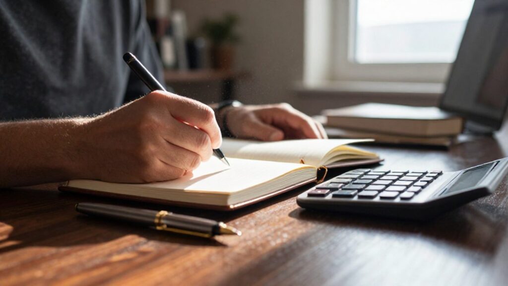 Manos escribiendo en un diario de cuero sobre un escritorio de madera con una calculadora y pluma.