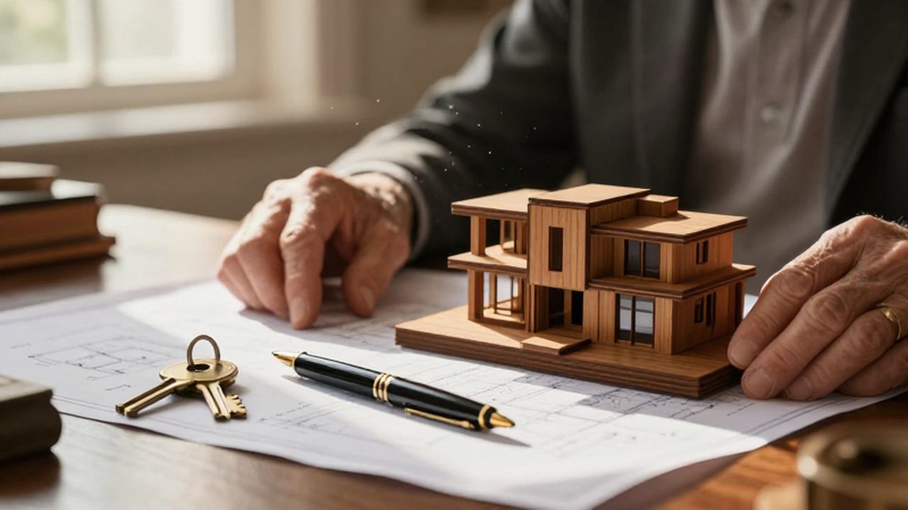 Manos de una persona mayor sobre planos arquitectónicos junto a una maqueta de madera y llaves.