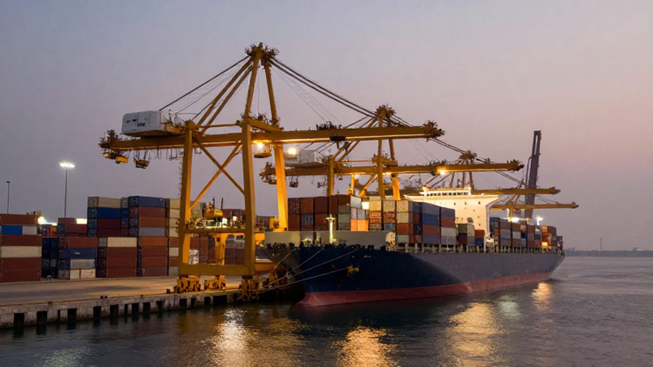 Barcos de carga y grúas gigantes operan en un puerto de contenedores al anochecer.