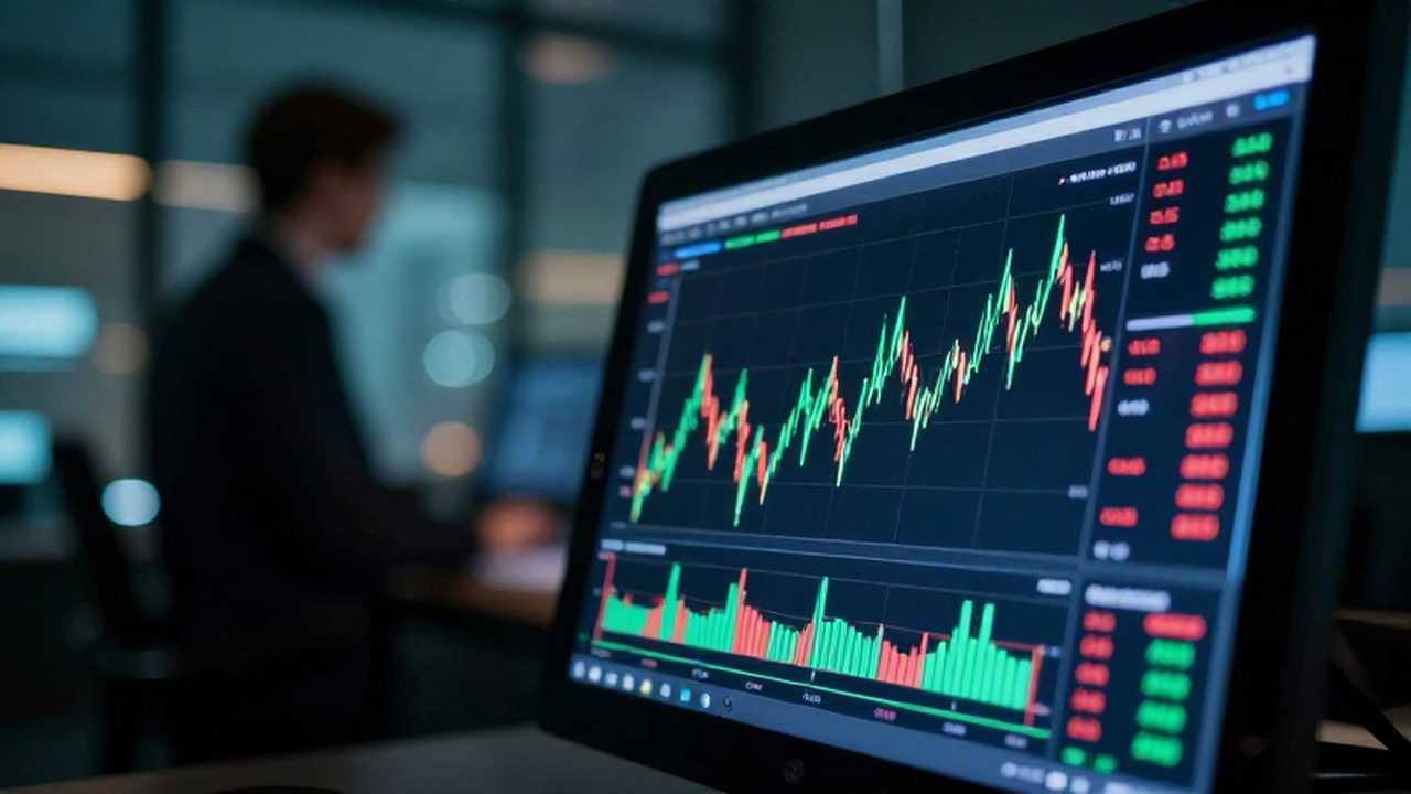 Terminal financiero con gráficos holográficos de divisas y la silueta de un operador al fondo.