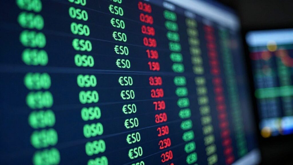 Primer plano de un indicador digital con símbolos de divisas y datos financieros fluctuantes.