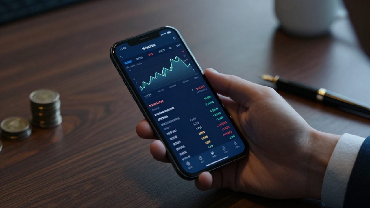 Mano profesional sosteniendo un smartphone que muestra gráficos de trading financiero sobre un escritorio de madera.