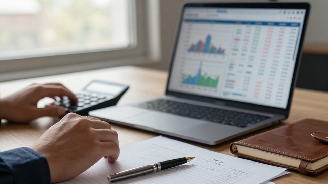 Manos de un inversor analizando gráficos financieros y notas sobre comisiones en un escritorio profesional.
