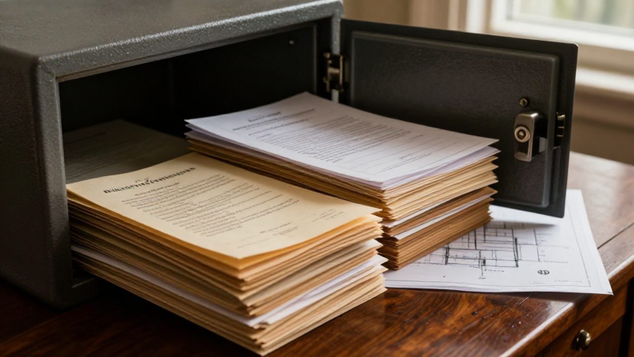 Escritorio de madera con planos, carpetas legales y escrituras junto a una caja fuerte abierta.