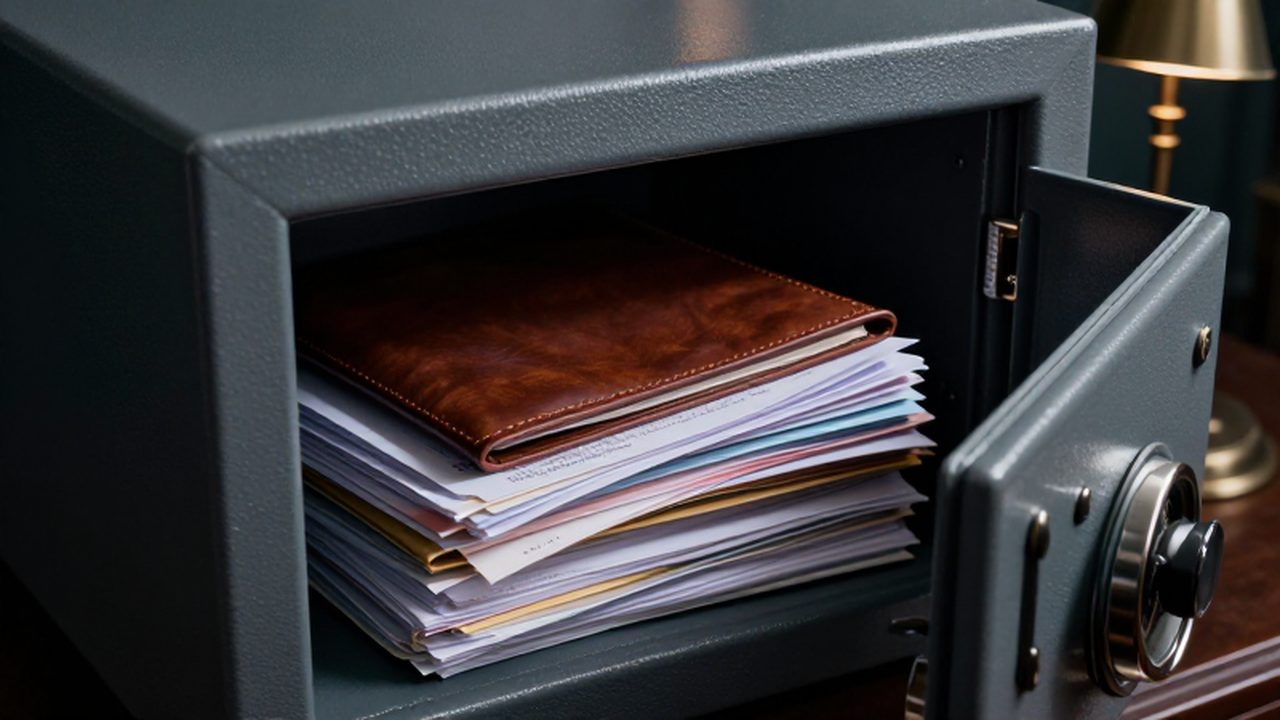 Caja fuerte de acero entreabierta con documentos financieros y una carpeta de cuero en su interior.