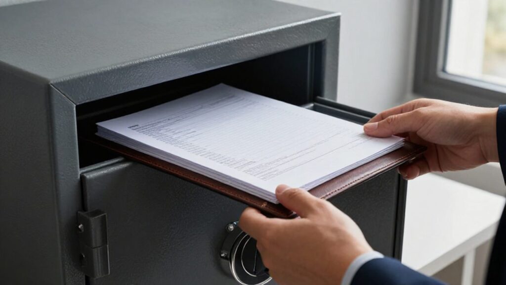 Manos guardando una carpeta de cuero y documentos fiscales dentro de una caja fuerte de acero.