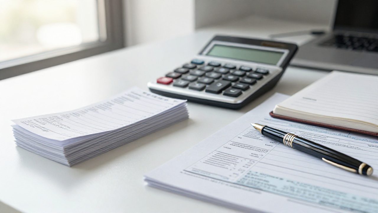 Escritorio ordenado de contabilidad con documentos fiscales, una calculadora moderna y una pluma sobre un libro contable.