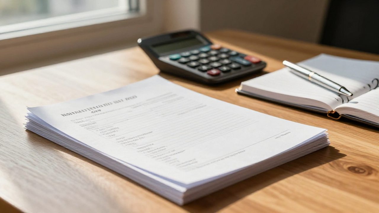 Escritorio de madera con documentos fiscales, una calculadora y un bolígrafo bajo luz natural.