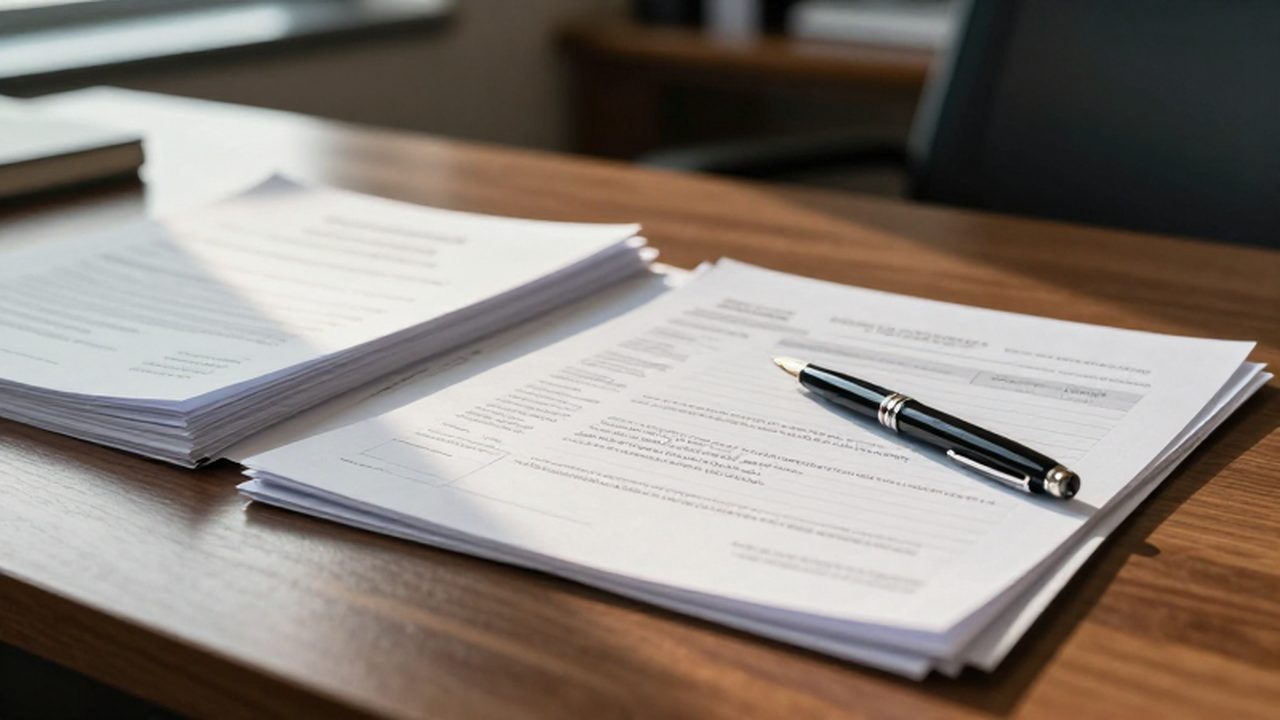 Documentos fiscales y certificados legales junto a una pluma estilográfica sobre un escritorio de madera.