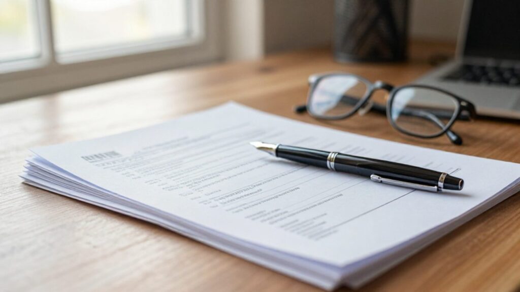 Documentos de impuestos y formularios sobre un escritorio de madera con una pluma y gafas.