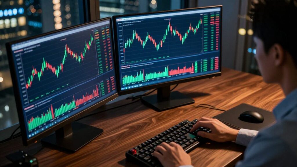 Monitor de divisas con gráficos de velas junto a un teclado en un escritorio de trading.