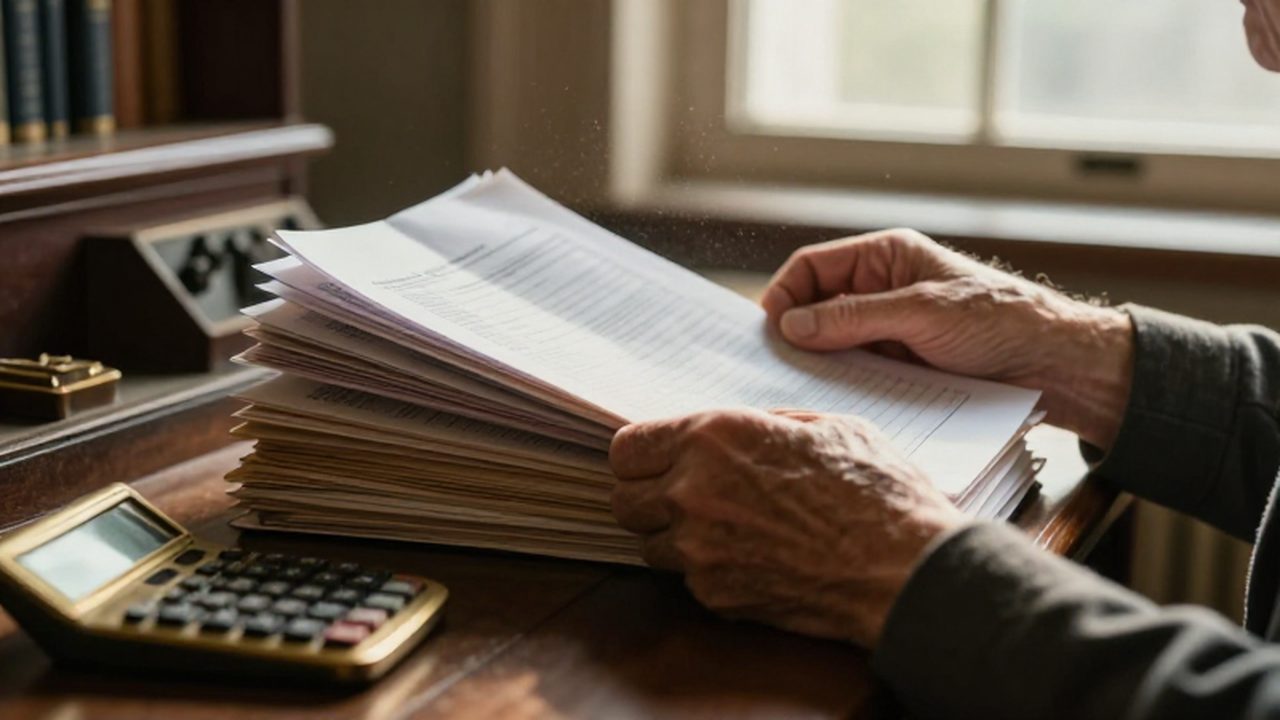Manos de una persona mayor revisando documentos fiscales y libros de contabilidad sobre un escritorio.