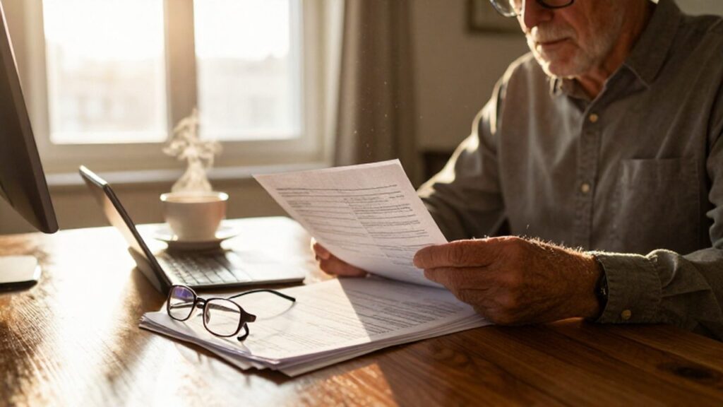 Hombre mayor revisa documentos financieros y una tableta en un escritorio iluminado por el sol.