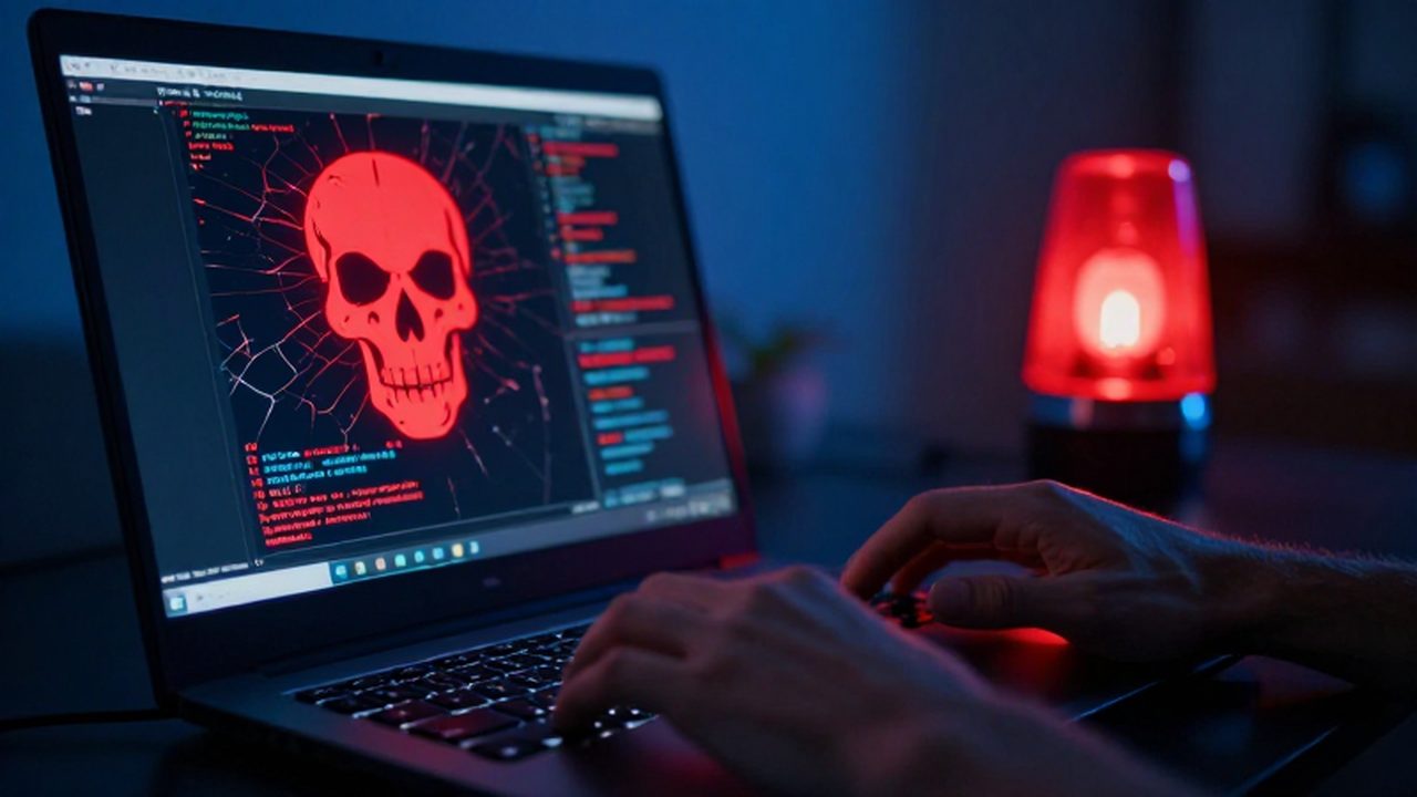 Manos temblorosas sobre un teclado frente a una pantalla con un cráneo rojo y código malicioso.